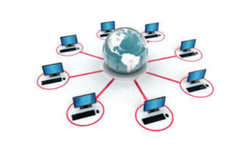A computer network with laptops and a globe.