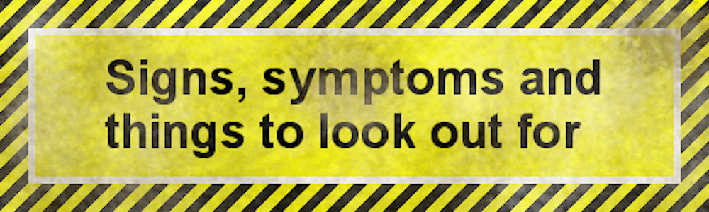 Signs and symptoms warning on yellow background.