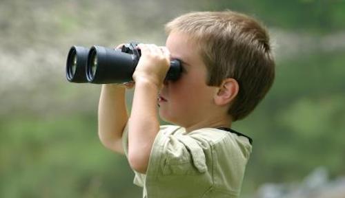 Child looking through binoculars in nature.