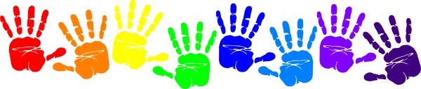 Colorful handprints in a rainbow sequence.