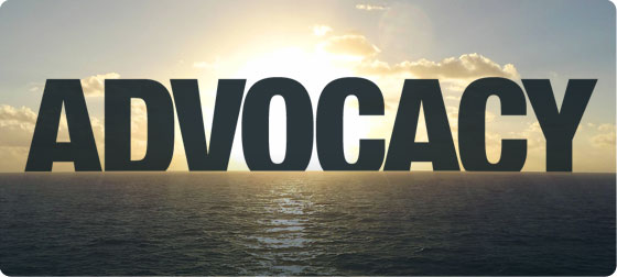 Advocacy text over ocean sunset background.