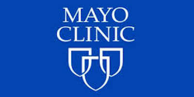 Mayo Clinic logo on blue background.