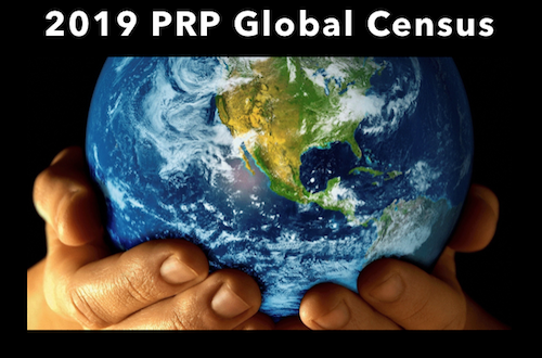 Hands holding Earth, "2019 PRP Global Census".