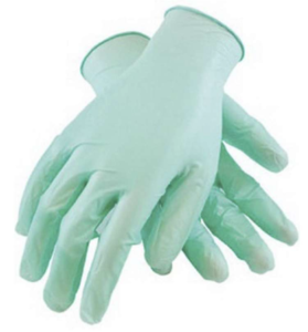 Pair of light green disposable gloves.