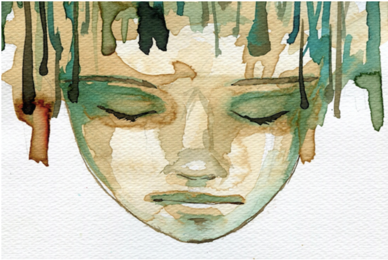 Watercolor painting of a serene face.