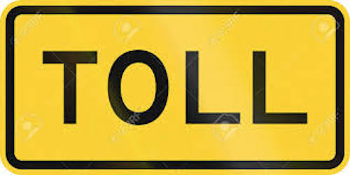 Yellow toll road sign with black text.