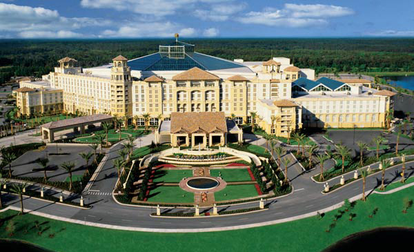 Large resort hotel with landscaped grounds.
