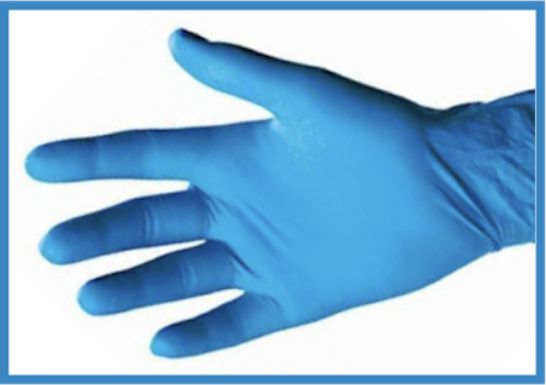 Blue gloved hand on white background.