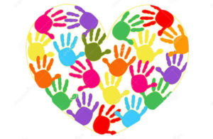 Colorful handprints forming a heart shape.