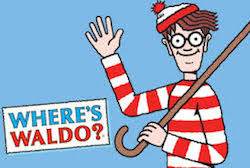 Cartoon character Waldo waving with cane.