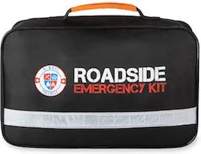 Roadside emergency kit with reflective strip.