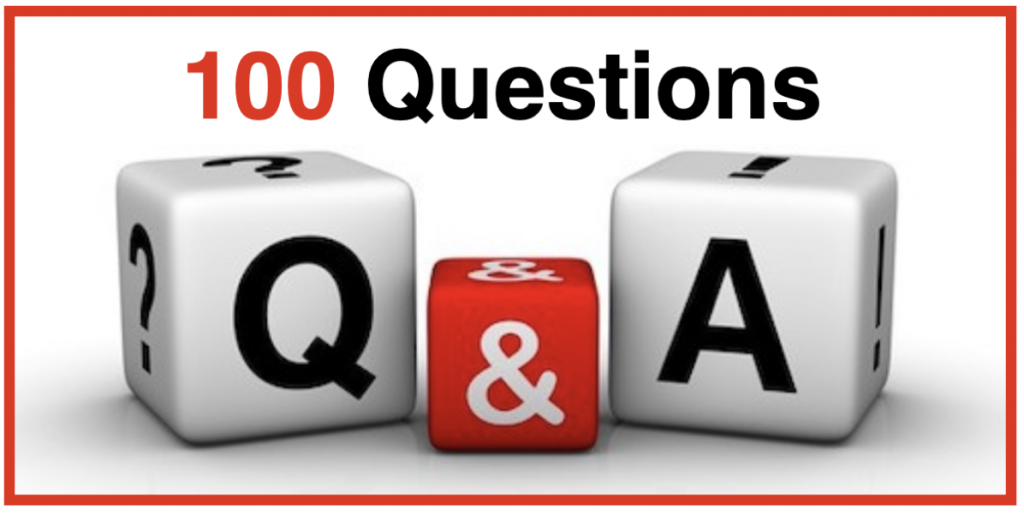 Q&A cubes with "100 Questions" text.