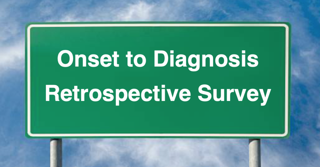 Green sign with "Onset to Diagnosis Survey".