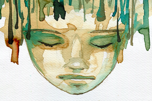 Watercolor portrait with drips and closed eyes.