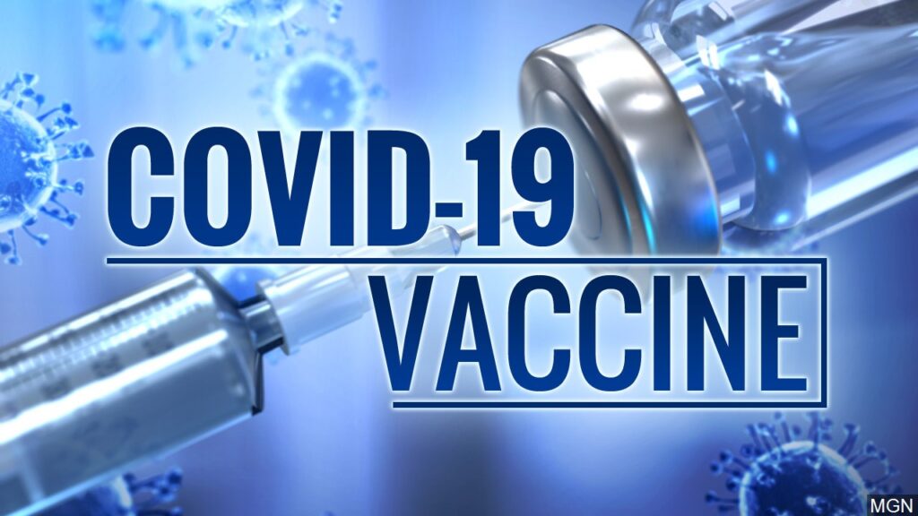 COVID-19 vaccine syringe and vial illustration.