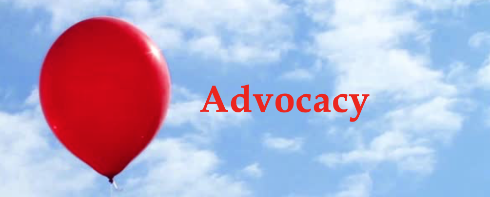 A red balloon with the words " advocacy " written on it.