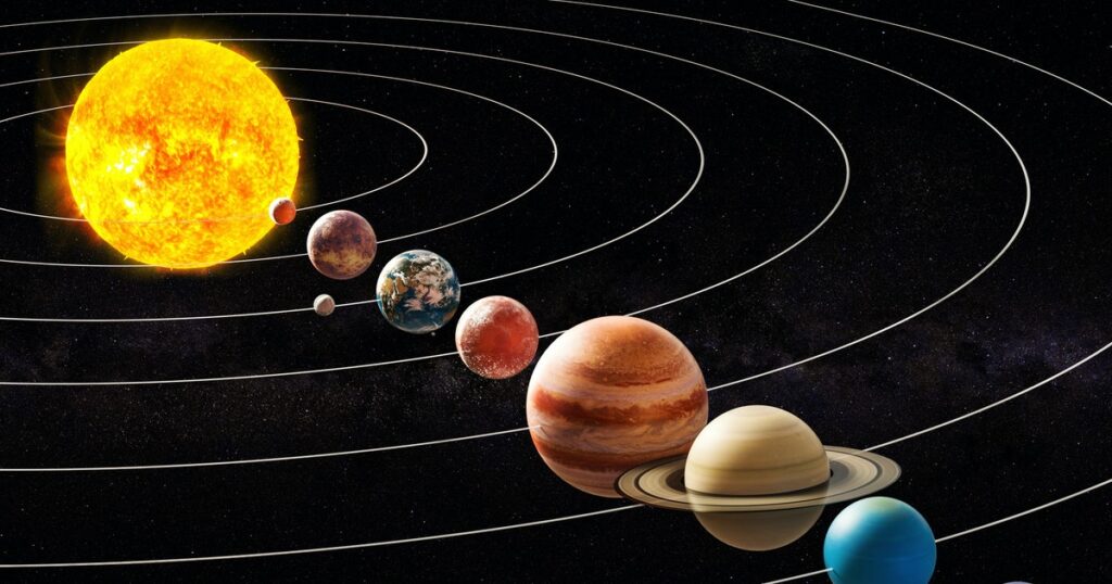 Solar system planets orbiting the Sun.