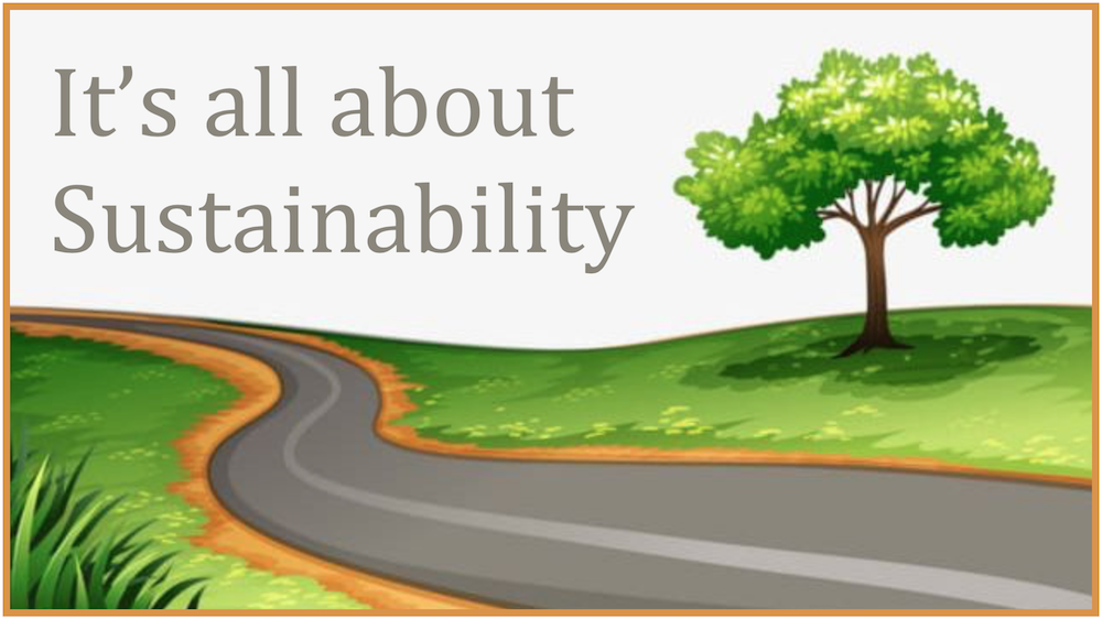 Road and tree with sustainability message.
