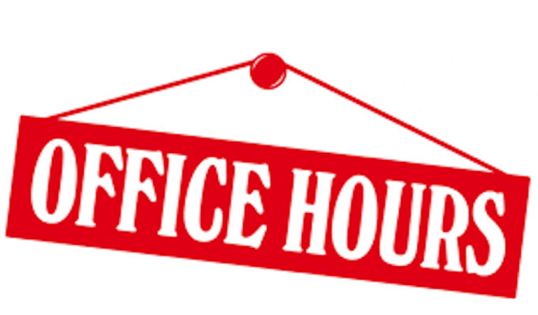 Red office hours sign hanging on white.