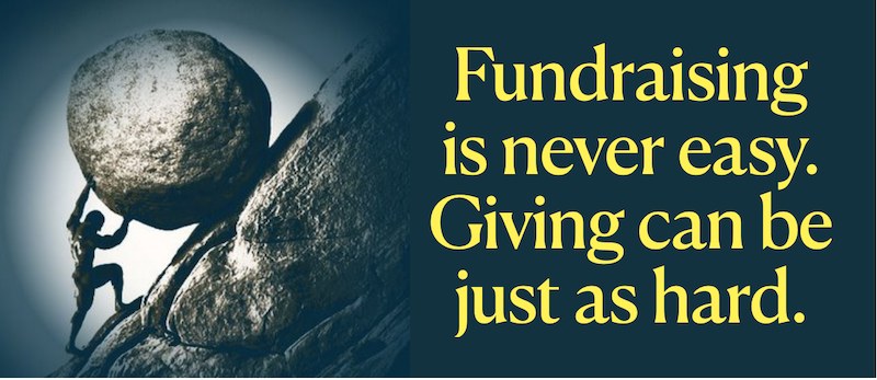 Person pushing boulder uphill, fundraising text.