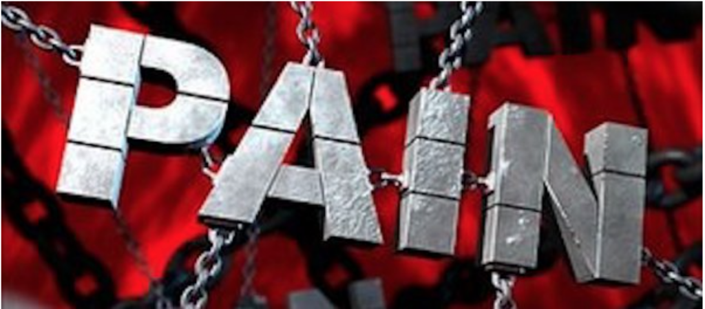 Chains forming the word "Pain" on red.