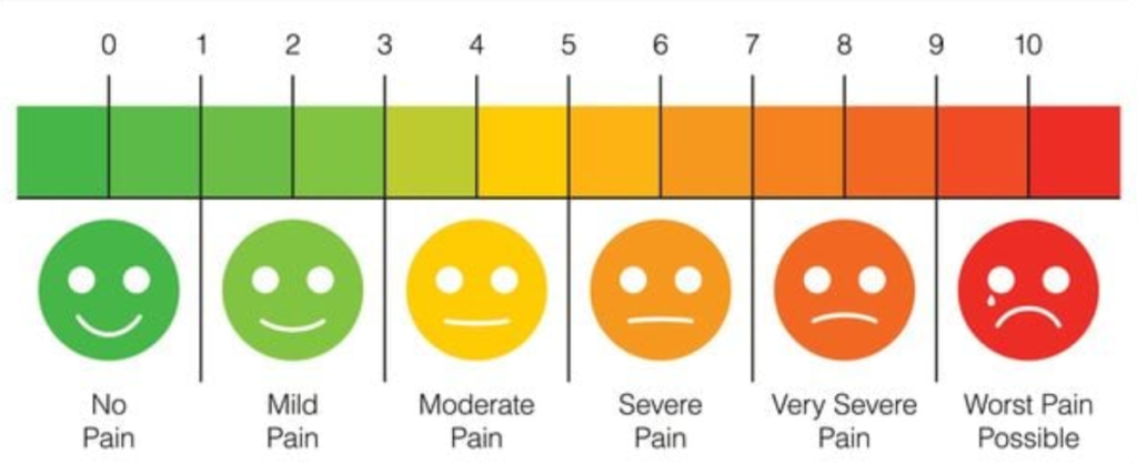 Pain scale from no pain to worst.