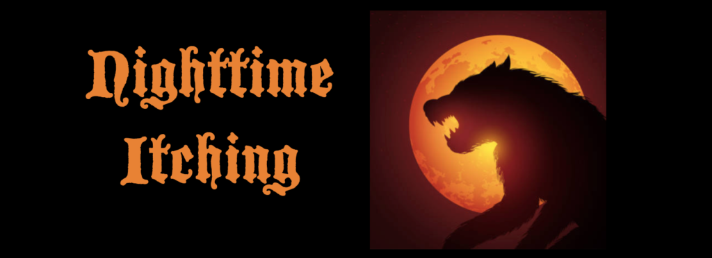 Werewolf silhouette against full moon background.